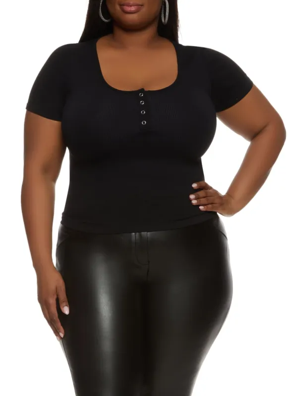 Plus Size Seamless Short Sleeve Henley Top sold by Rainbow