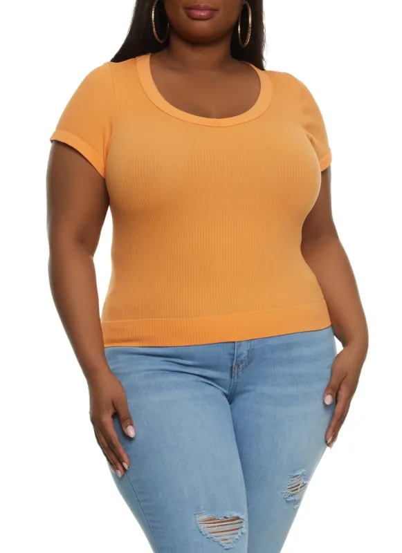 Plus Size Rib Knit Short Sleeve Seamless Tee sold by Rainbow