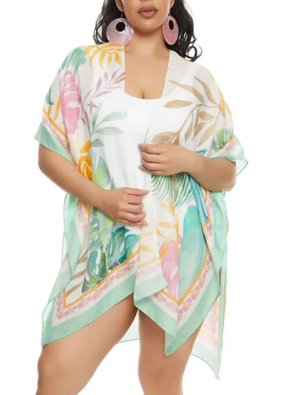 Tropical Print Open Front Cover Up Kimono sold by Rainbow