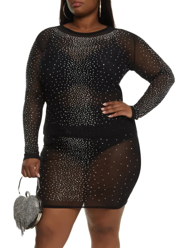 Plus Size Rhinestone Studded Mesh Long Sleeve Blouse sold by Rainbow