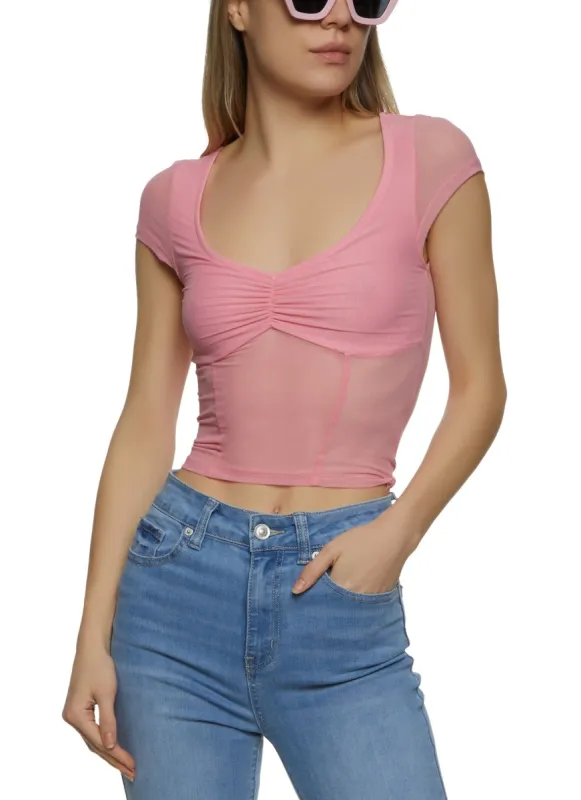 Short Sleeve Ruched Front Mesh Top sold by Rainbow