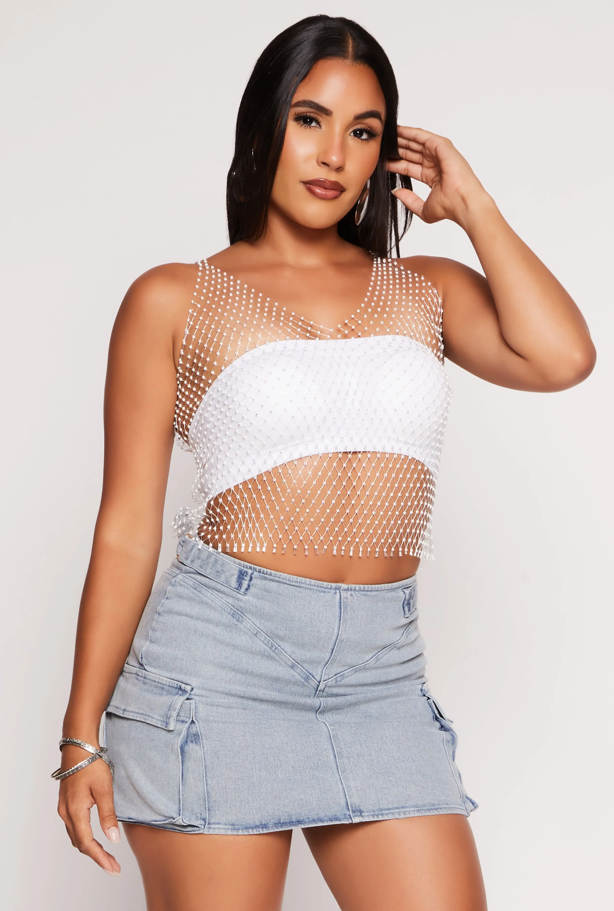 Haute Monde Fishnet Rhinestone Crop Top sold by Rainbow