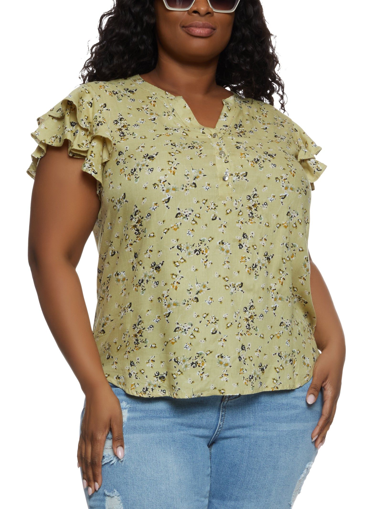Plus Size Floral Print Flutter Sleeve Blouse sold by Rainbow