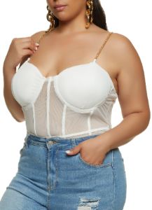 Plus Size Chain Strap Mesh Bustier Bodysuit sold by Rainbow