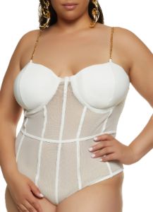 Plus Size Chain Strap Mesh Bustier Bodysuit sold by Rainbow