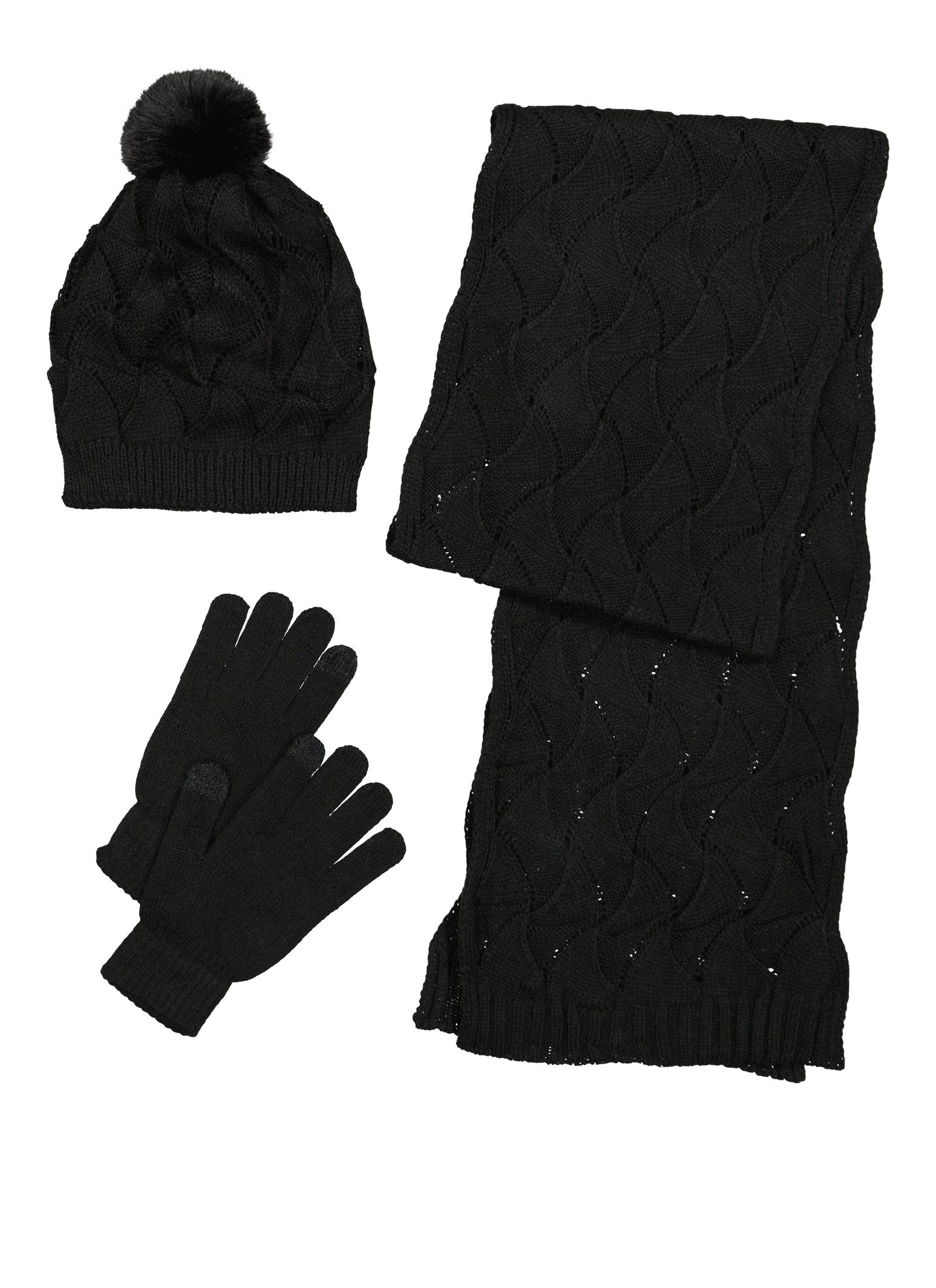 Pointelle Knit Pom Pom Beanie with Scarf and Gloves sold by Rainbow