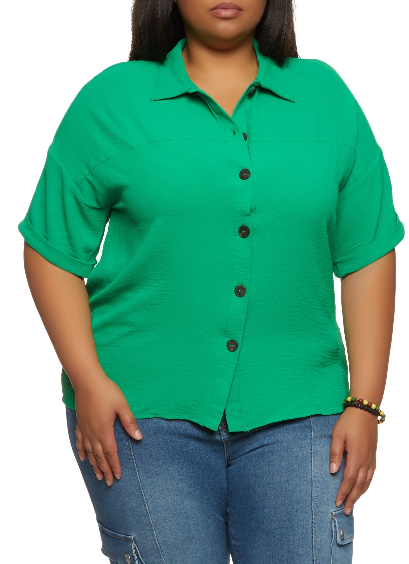 Plus Size Airy Short Sleeve Button Front Shirt sold by Rainbow