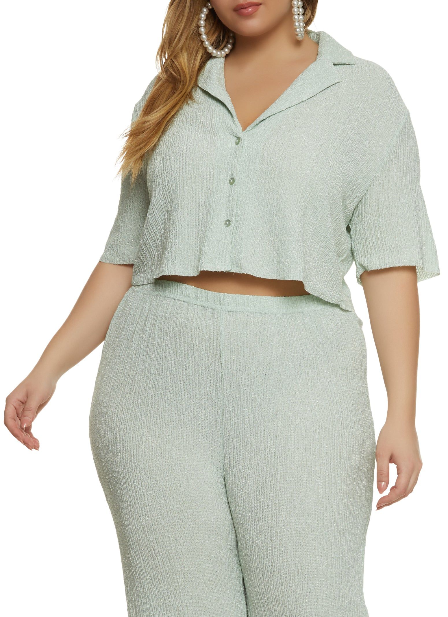 Plus Size Textured Knit Button Front Shirt sold by Rainbow