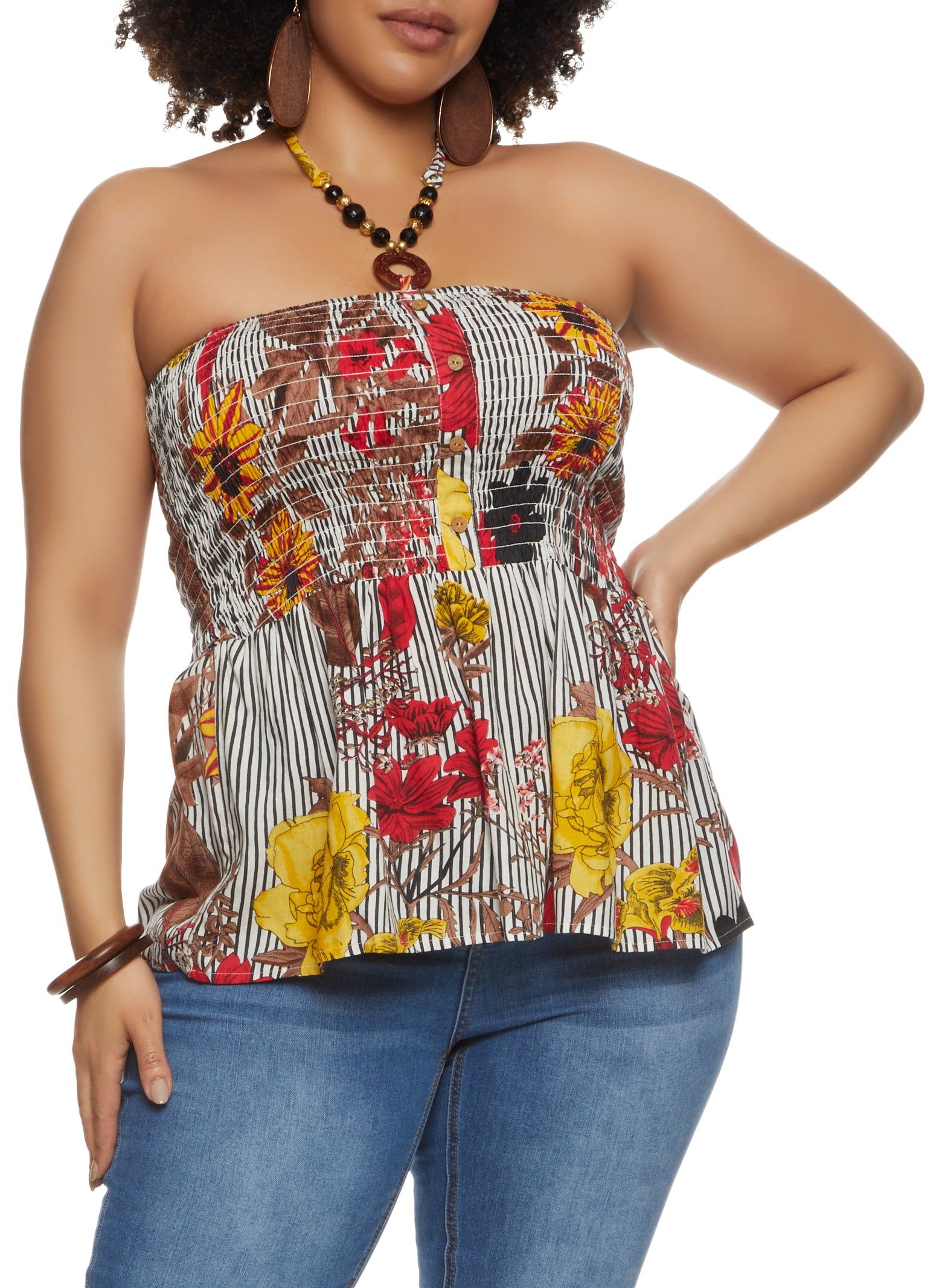 Plus Size Striped Floral Print Smocked Halter Top sold by Rainbow
