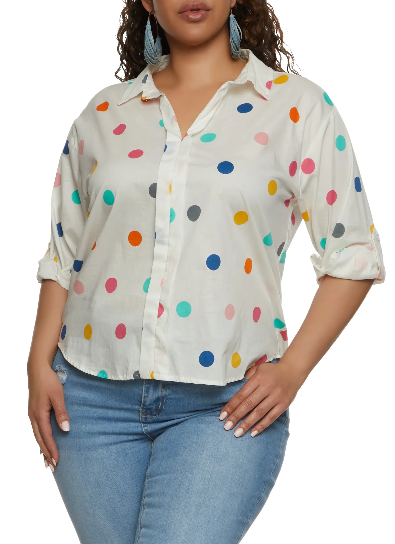 Plus Size Rainbow Polka Dot Tabbed Sleeve Shirt sold by Rainbow