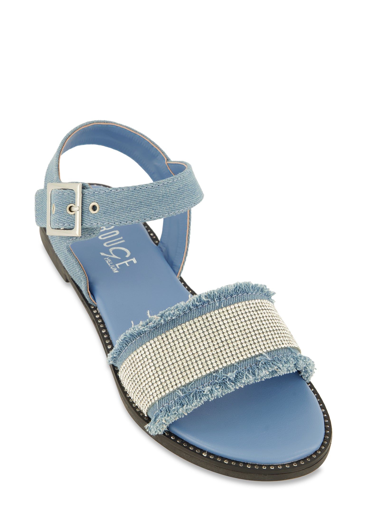 Frayed Denim Rhinestone Ankle Strap Sandals sold by Rainbow