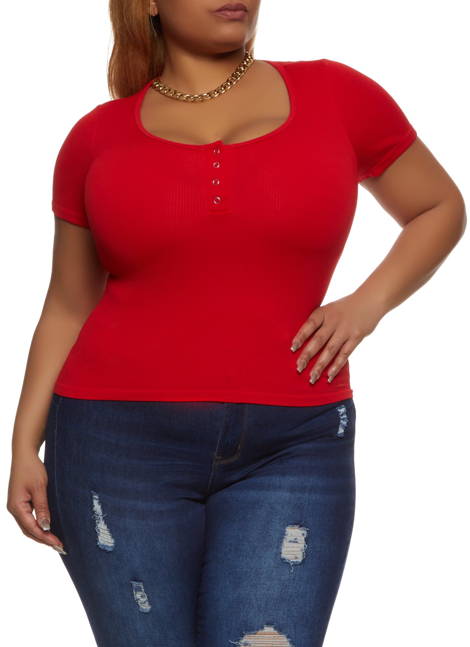 Plus Size Seamless Short Sleeve Henley Top sold by Rainbow