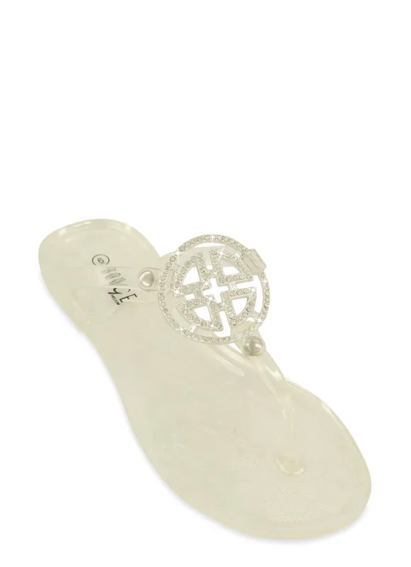 Geometric Rhinestone Pendant Jelly Thong Sandals sold by Rainbow