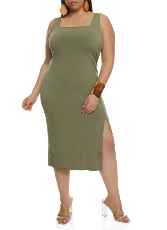 Plus Size Square Neck Midi Side Slit Tank Dress sold by Rainbow