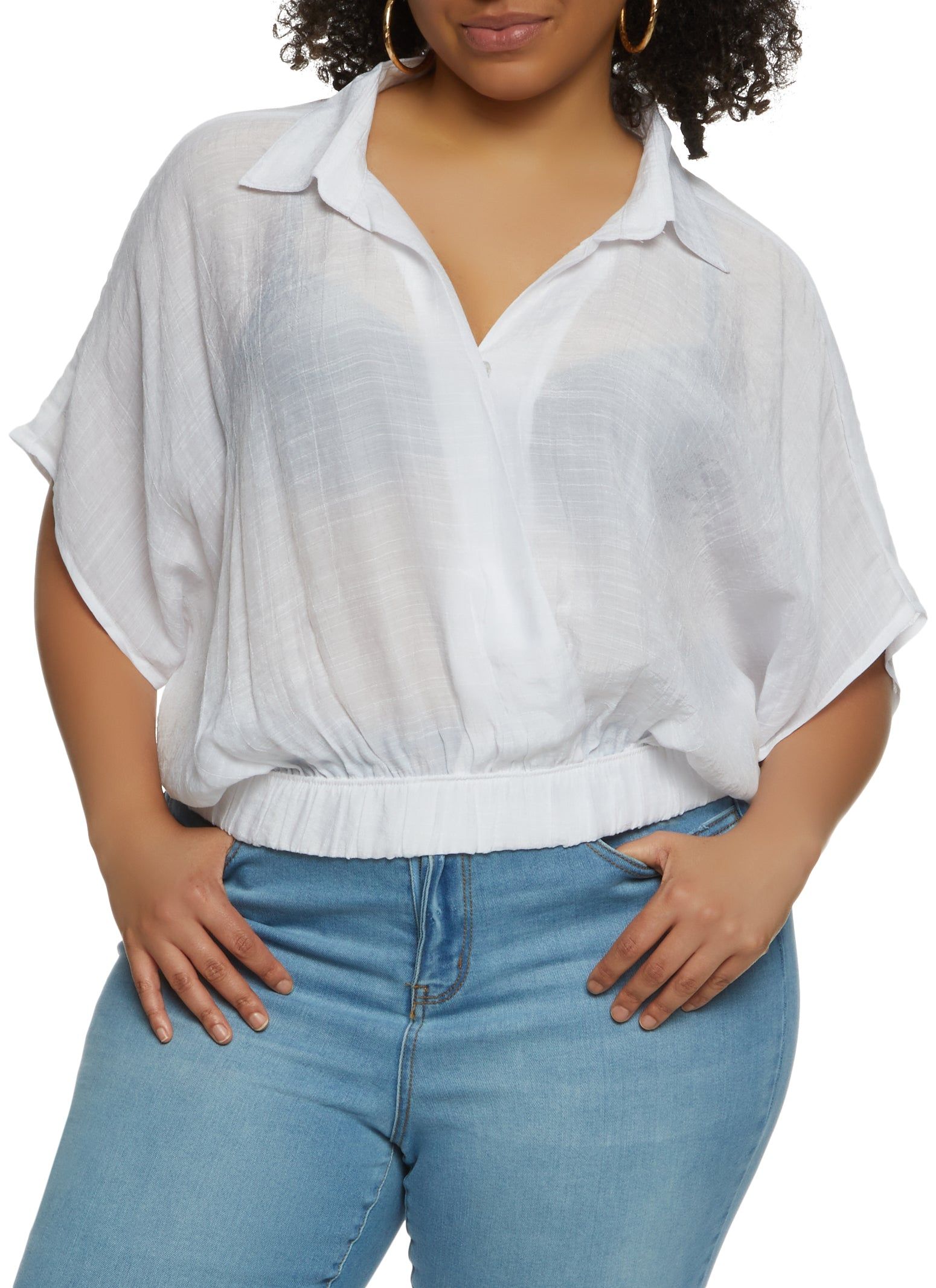 Plus Size Elastic Hem Button Down Blouse sold by Rainbow
