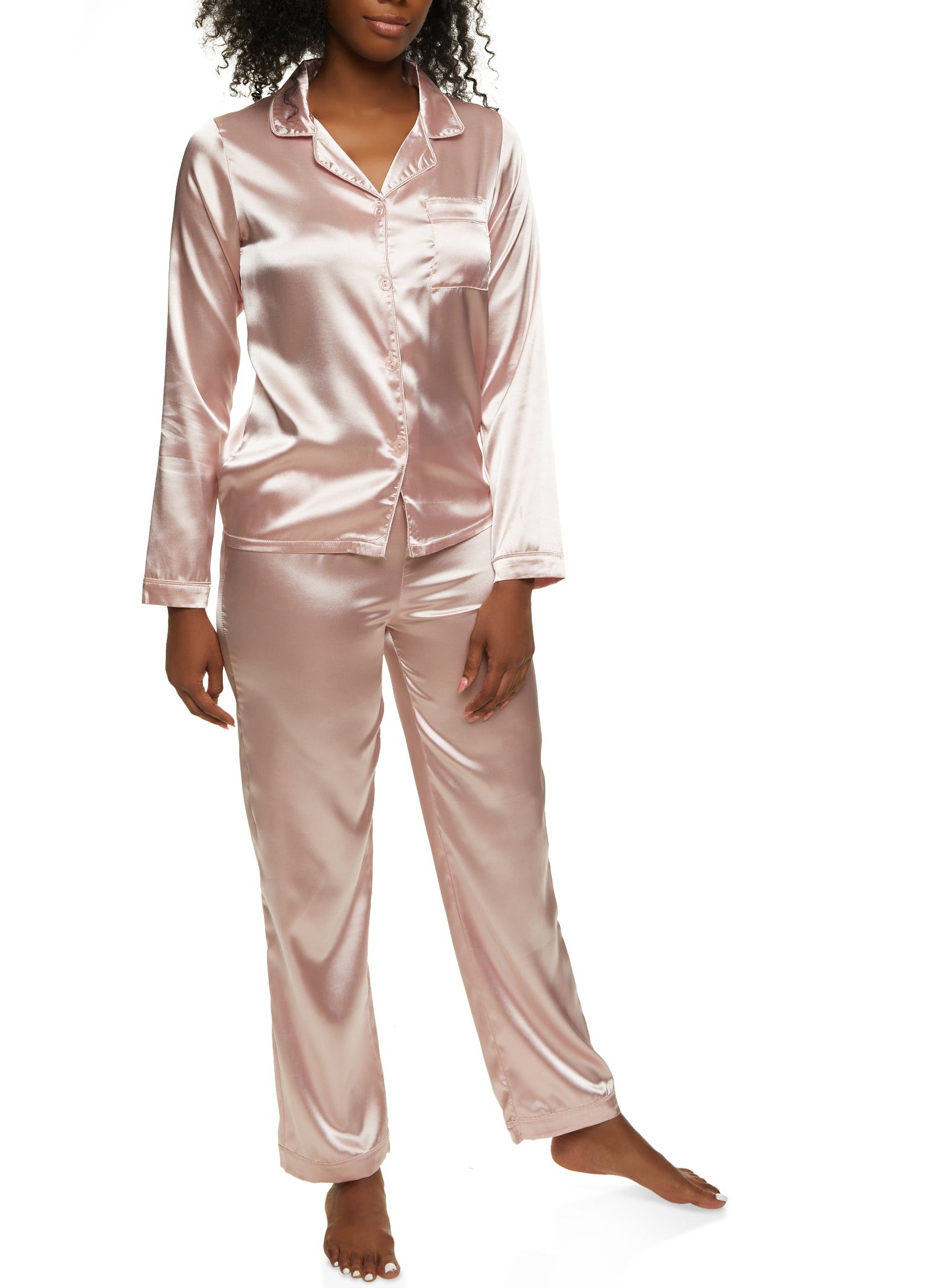 Satin Long Sleeve Button Down Pajama Shirt and Pants sold by Rainbow