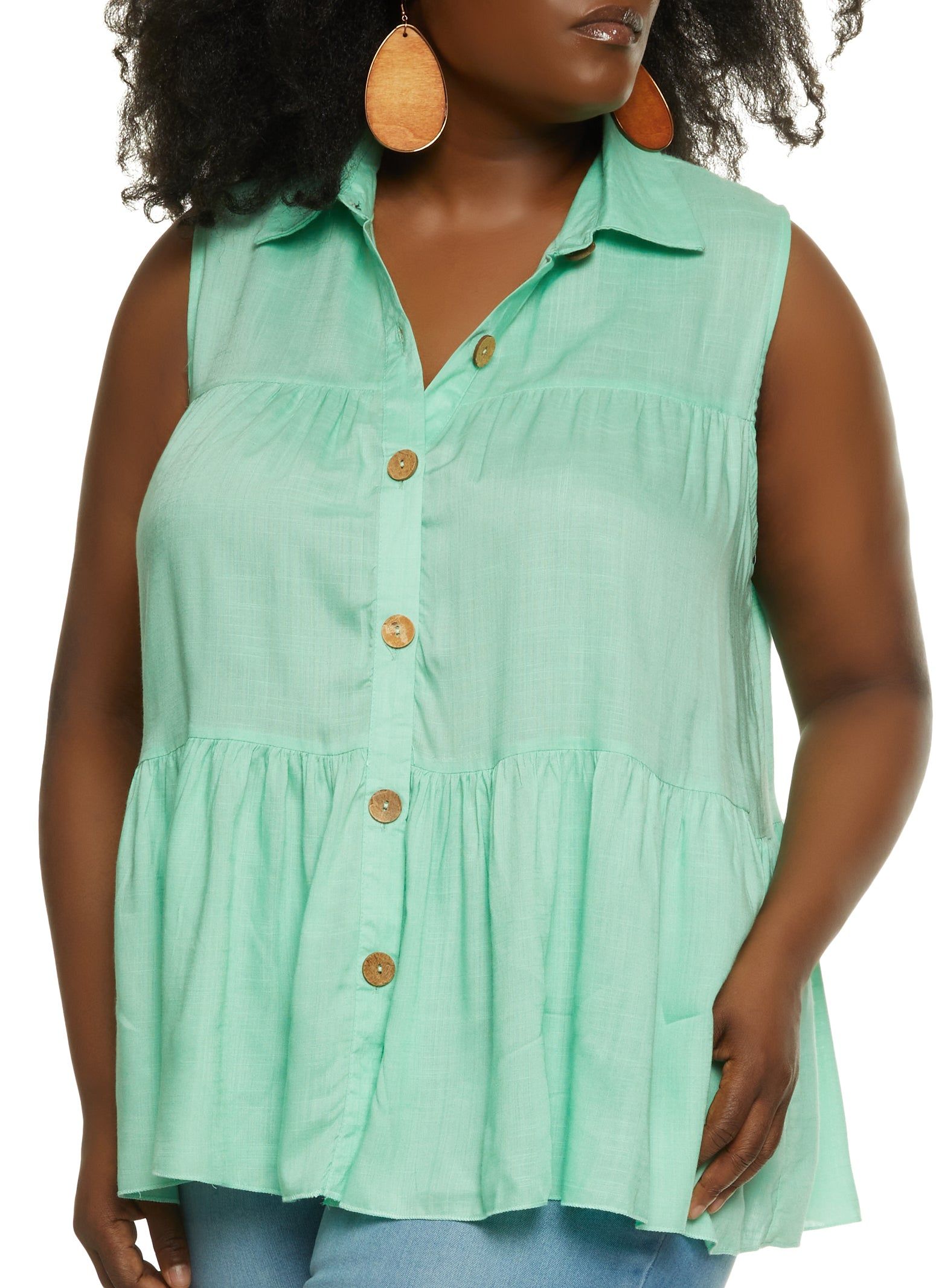 Plus Size Linen Tiered Button Front Shirt sold by Rainbow