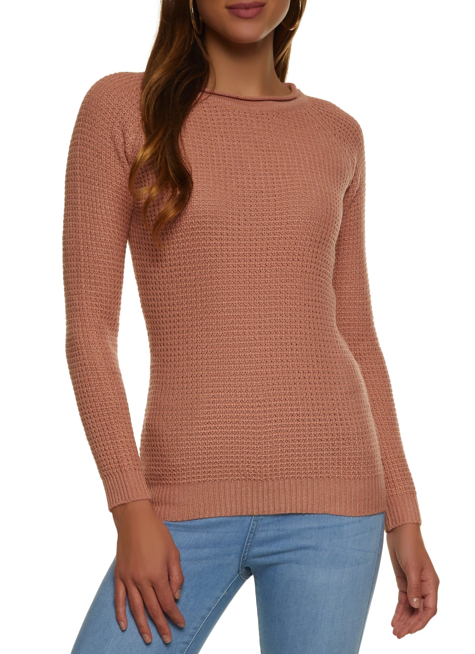 Waffle Knit Crew Neck Pullover Sweater sold by Rainbow