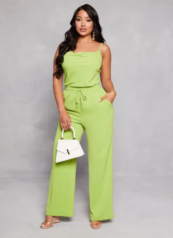 Cowl Neck Faux Drawstring Jumpsuit sold by Rainbow