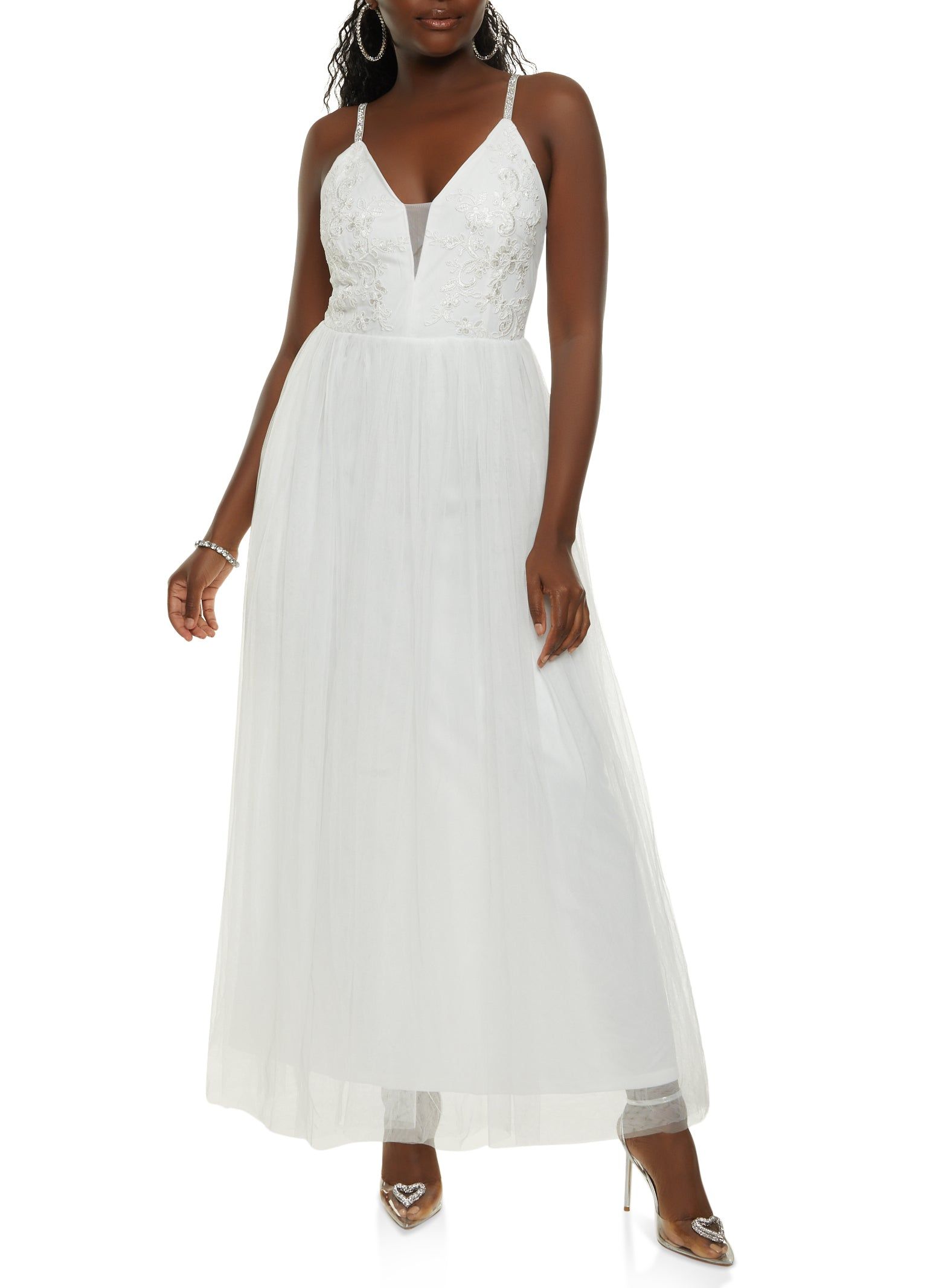 Rhinestone Strap Tulle Maxi Dress sold by Rainbow