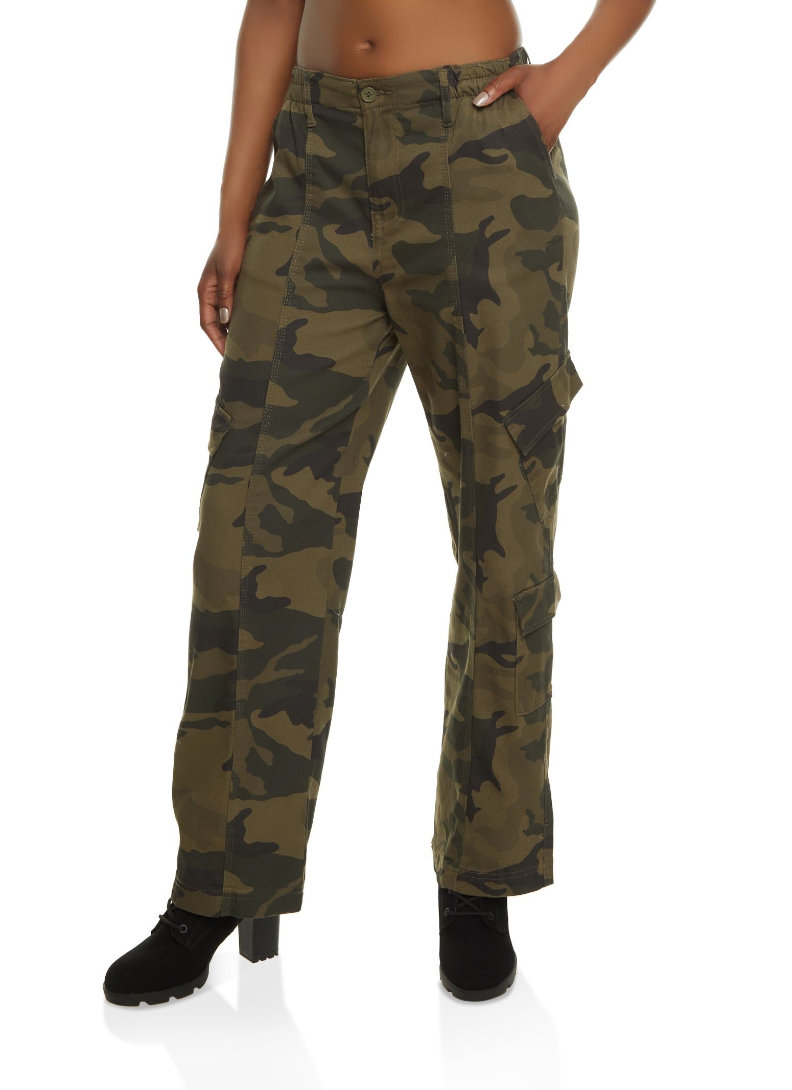 Twill Camo Wide Leg Cargo Pants sold by Rainbow