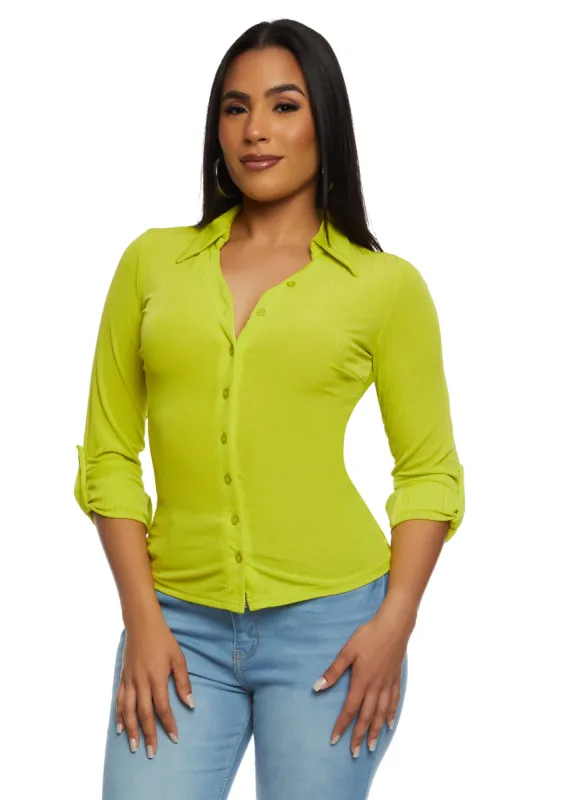 Ribbed Knit Button Front Shirt sold by Rainbow