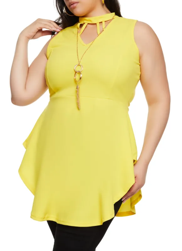 Plus Size High Neck Cut Out Peplum Tunic Top with Necklace sold by Rainbow