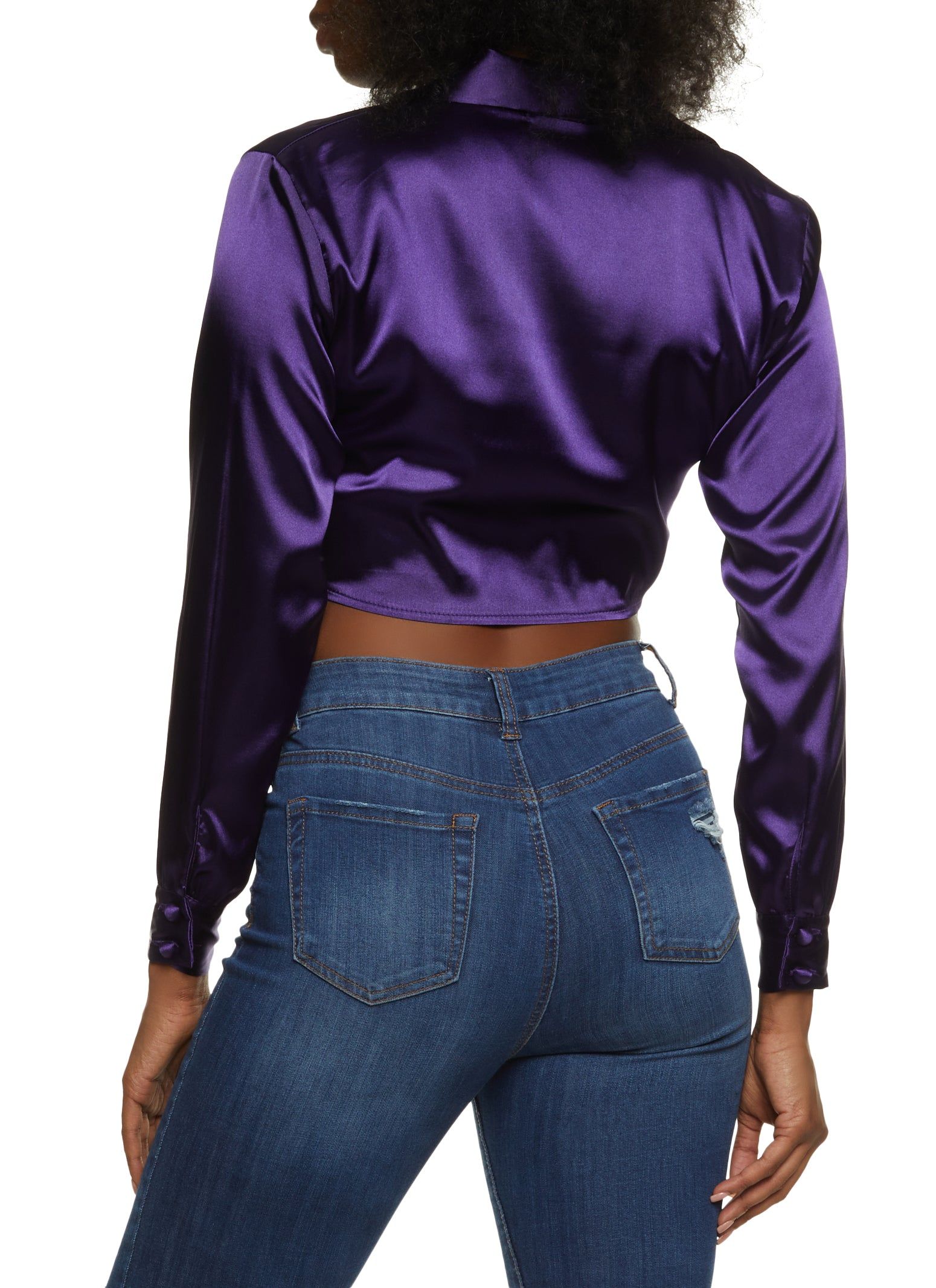 Satin Long Sleeve Tie Front Crop Top sold by Rainbow product image thumbnail 2
