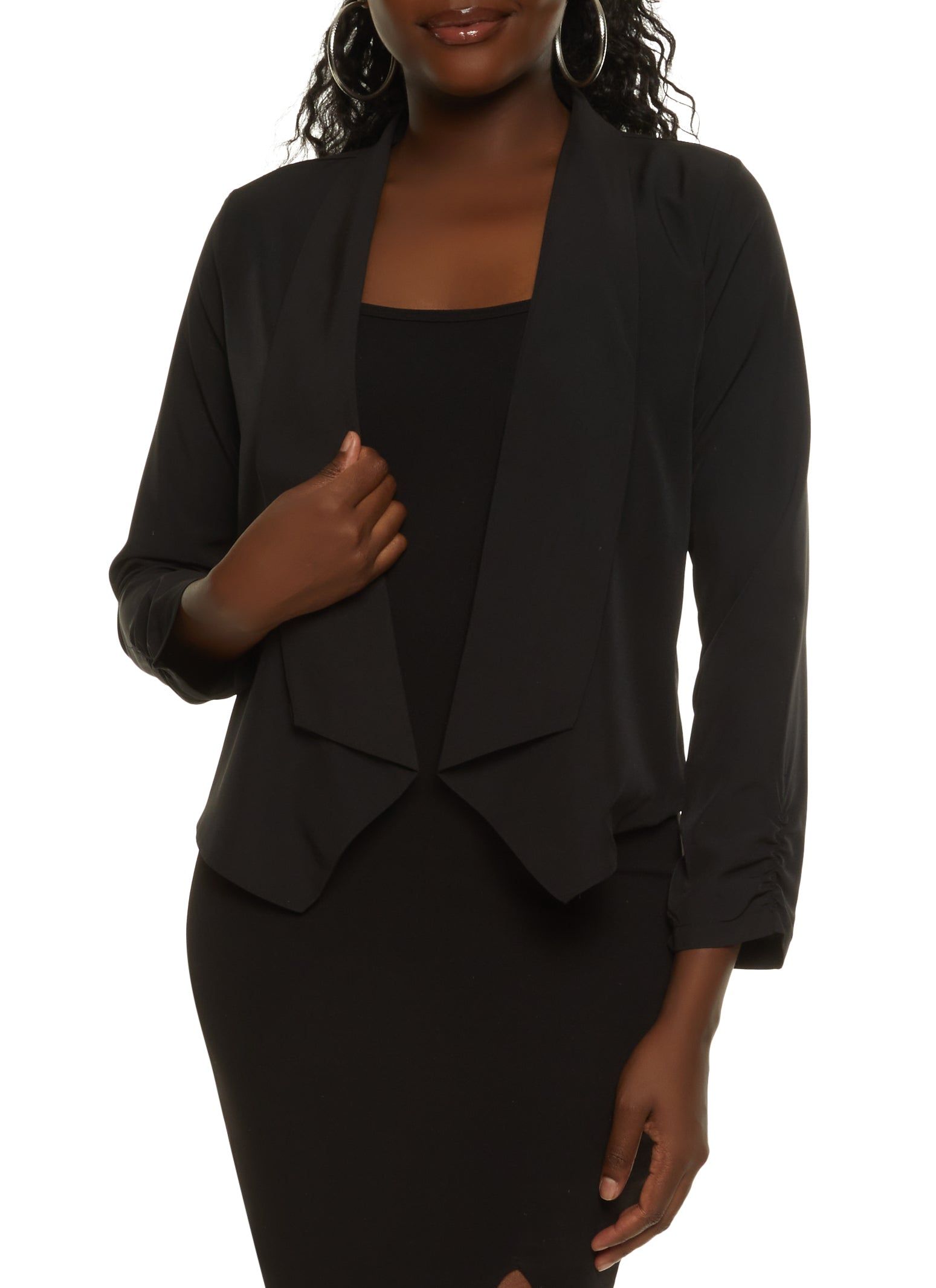 Solid Crepe Knit Ruched Sleeve Blazer sold by Rainbow