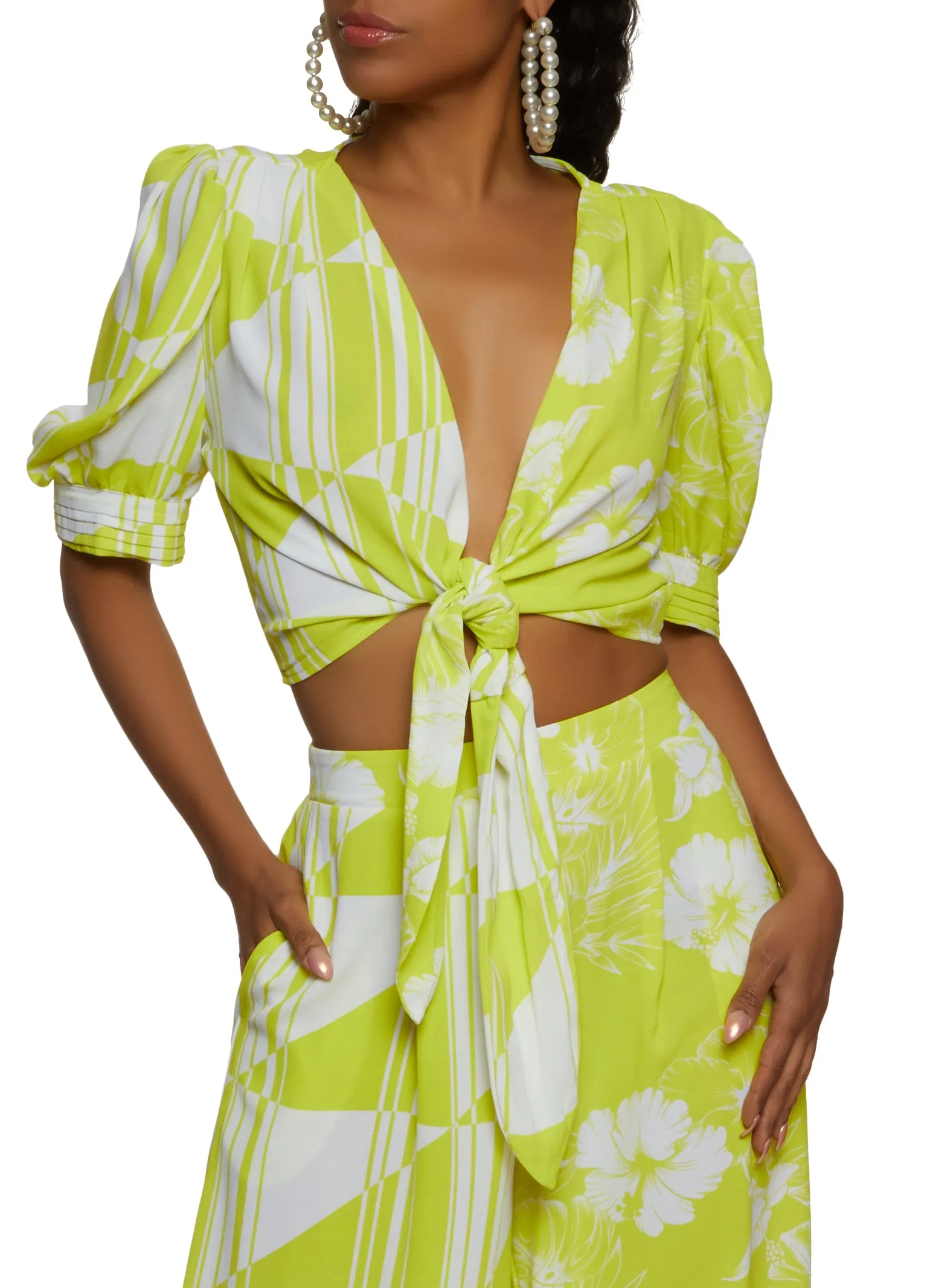 Mixed Print Puff Sleeve Tie Front Blouse sold by Rainbow product image thumbnail 2