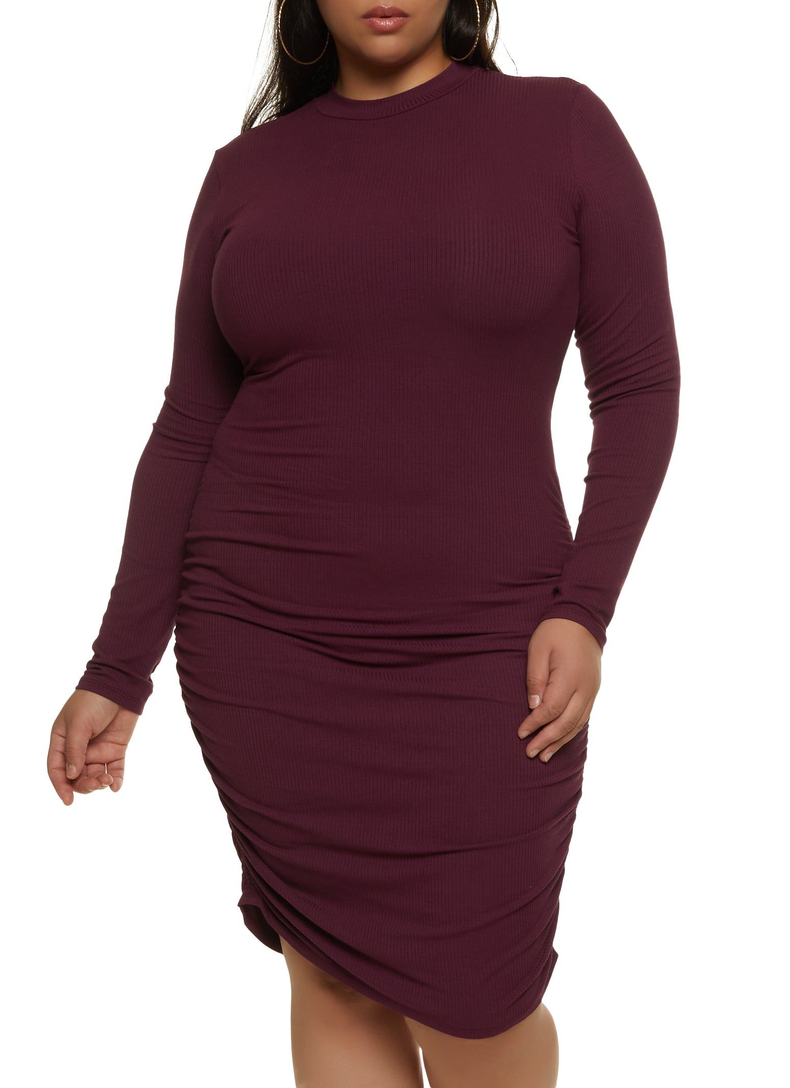 Plus Size Ribbed Mock Neck Ruched Side Dress sold by Rainbow