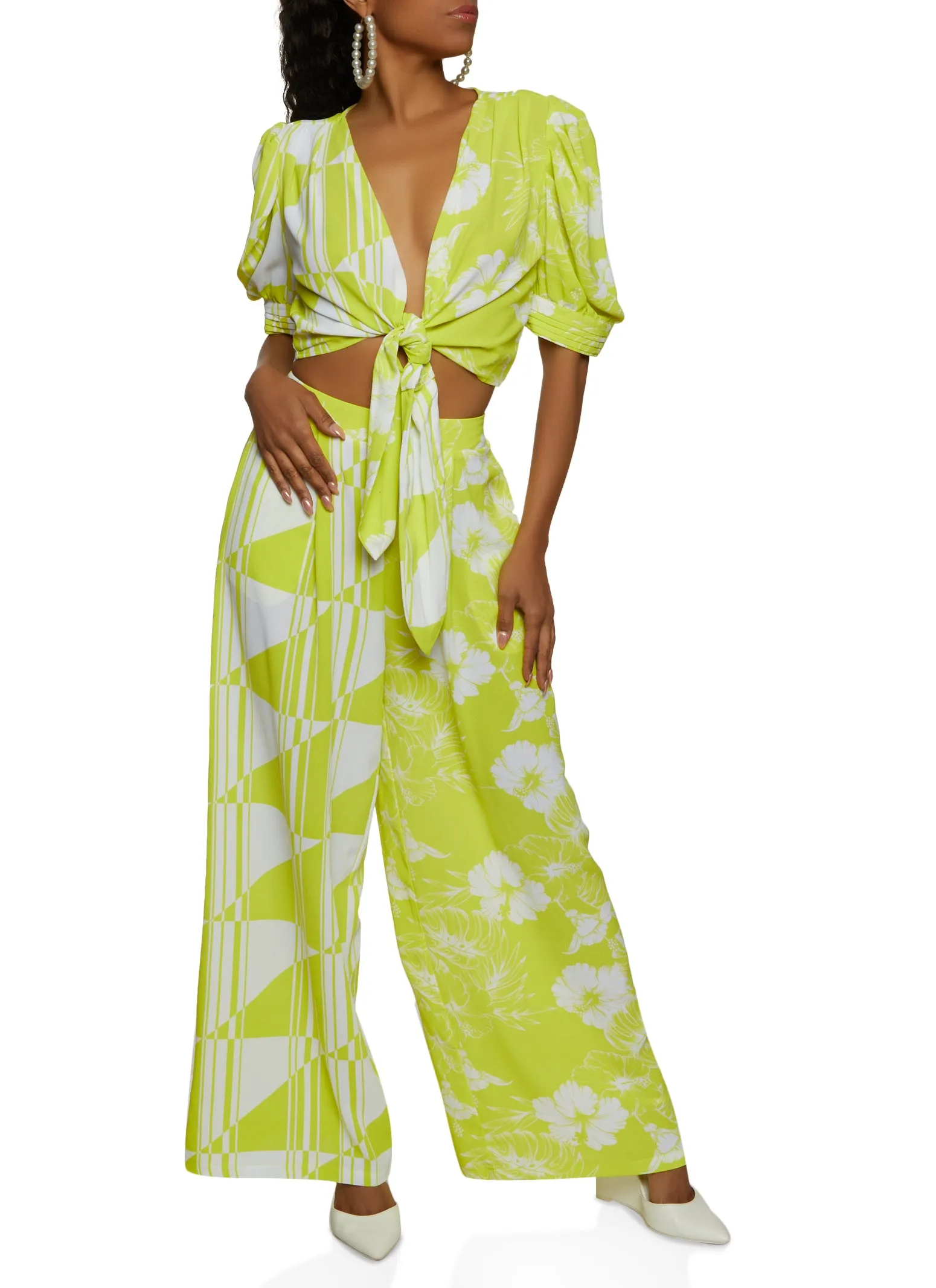 Mixed Print Puff Sleeve Tie Front Blouse sold by Rainbow product image thumbnail 3