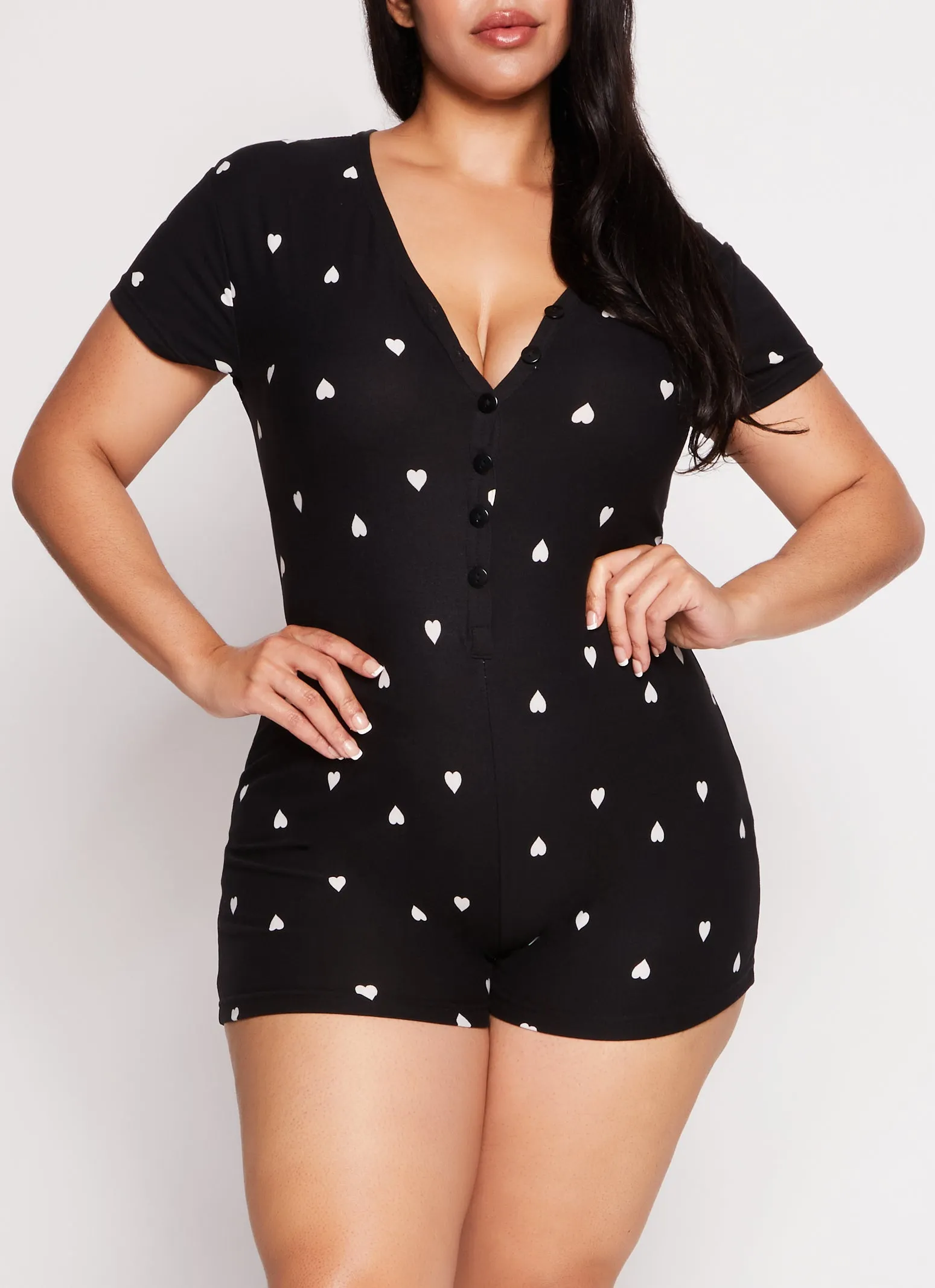 Plus Size Love Heart Print Button Front Pajama Romper sold by Rainbow product image thumbnail 2