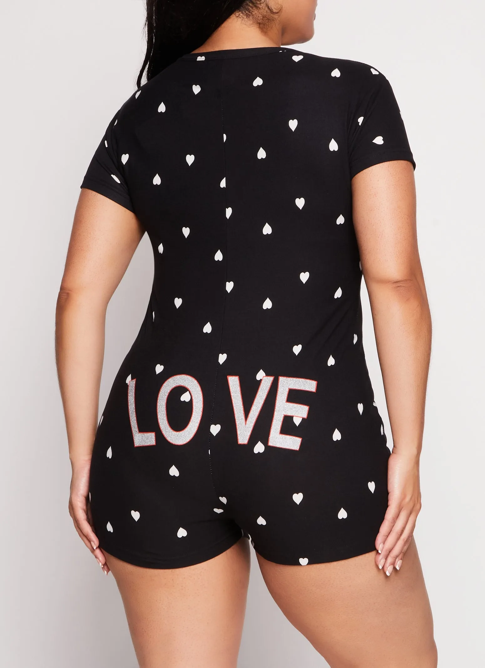 Plus Size Love Heart Print Button Front Pajama Romper sold by Rainbow
