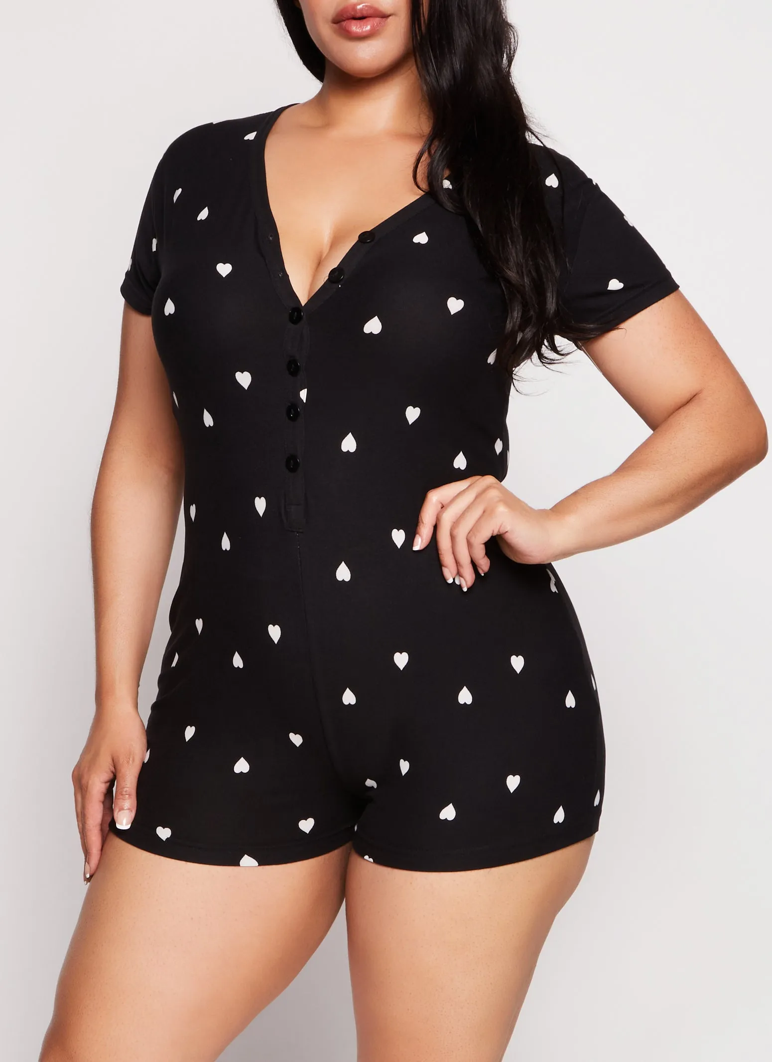 Plus Size Love Heart Print Button Front Pajama Romper sold by Rainbow product image thumbnail 3