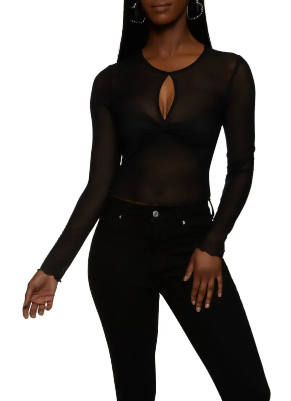 Mesh Keyhole Long Sleeve Crop Top sold by Rainbow