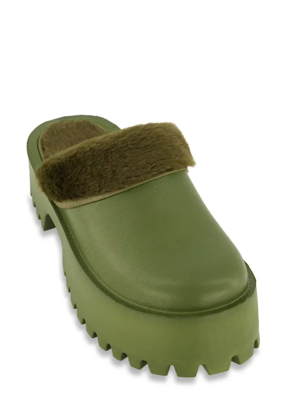 Lug Sole Faux Fur Trim Platform Slide Clogs sold by Rainbow