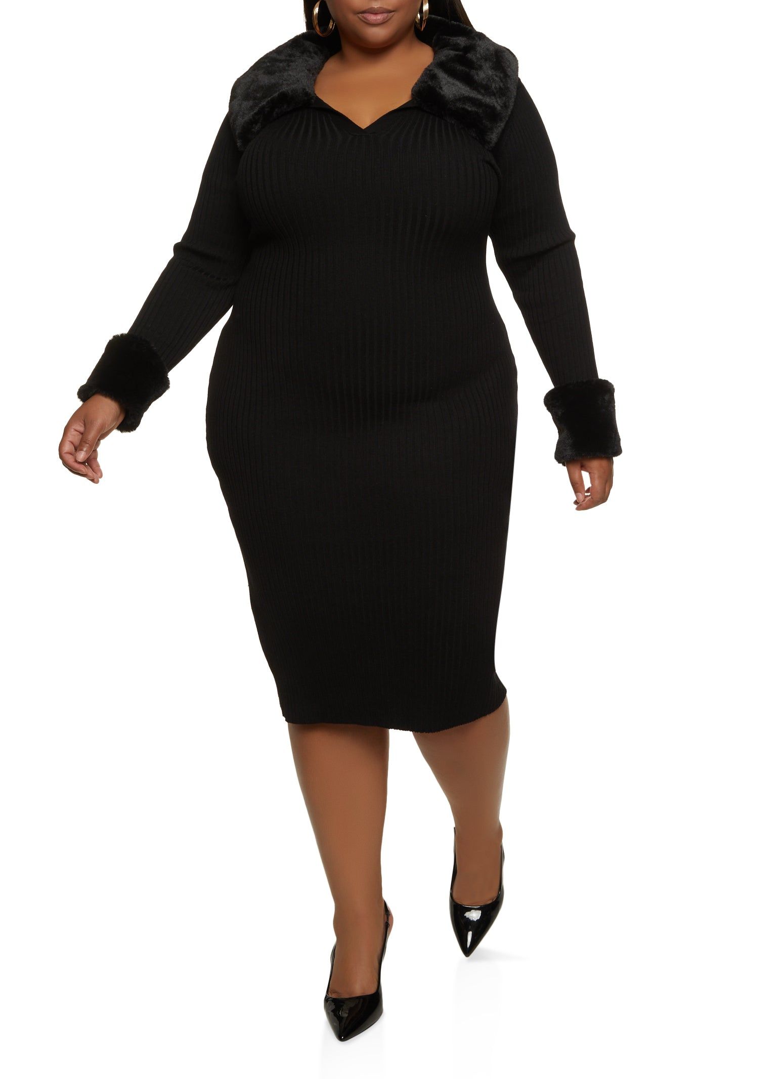 Plus Size Faux Fur Trim Ribbed Knit Sweater Dress sold by Rainbow product image thumbnail 2