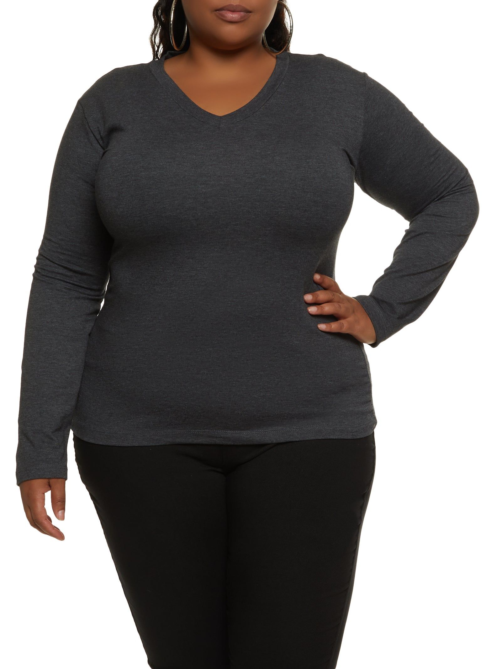 Plus Size Long Sleeve V Neck Basic Tee sold by Rainbow