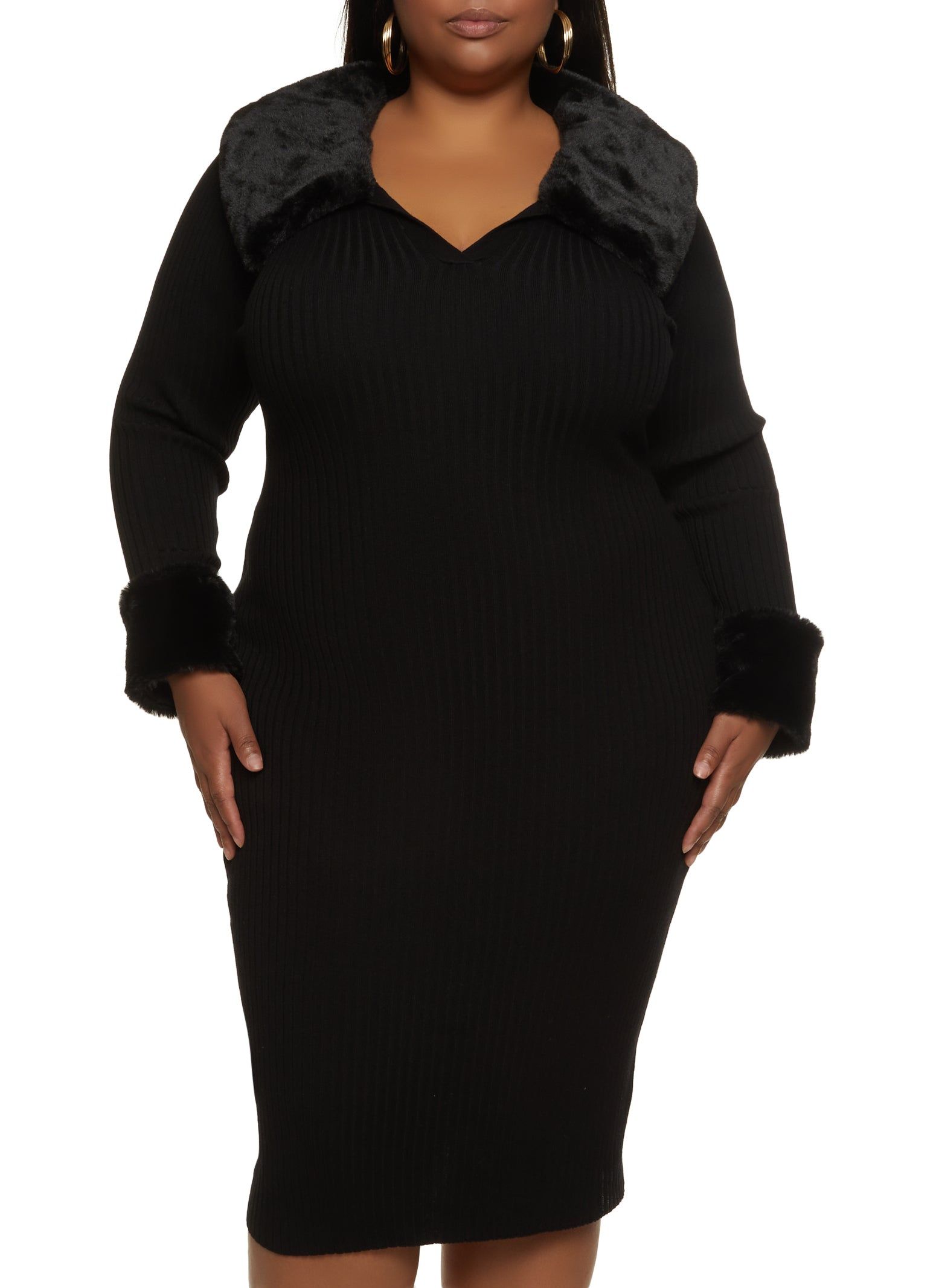 Plus Size Faux Fur Trim Ribbed Knit Sweater Dress sold by Rainbow
