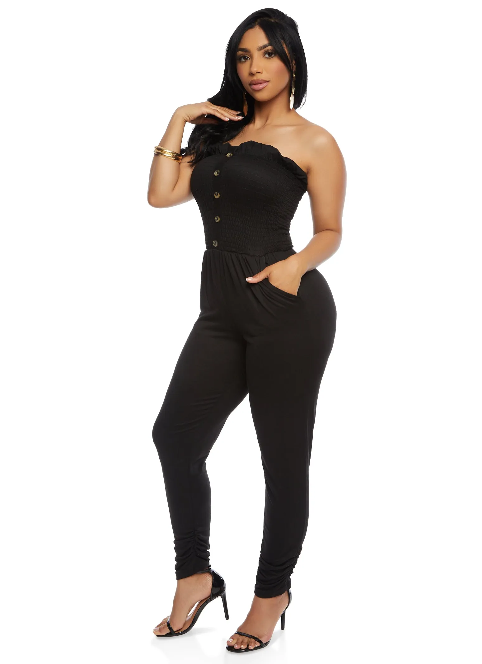 Smocked Faux Button Strapless Tube Jumpsuit sold by Rainbow