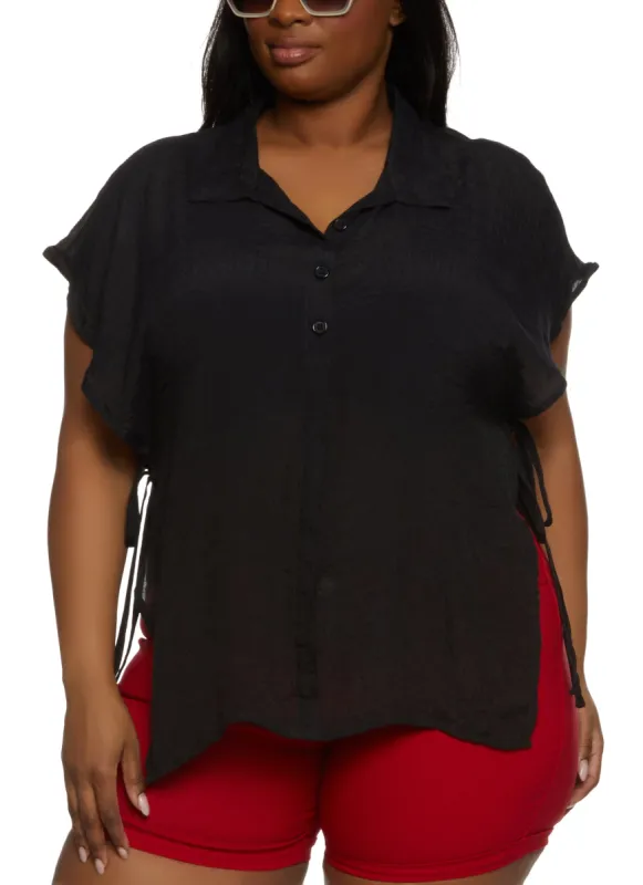 Plus Size Open Side Tie Button Front Top sold by Rainbow