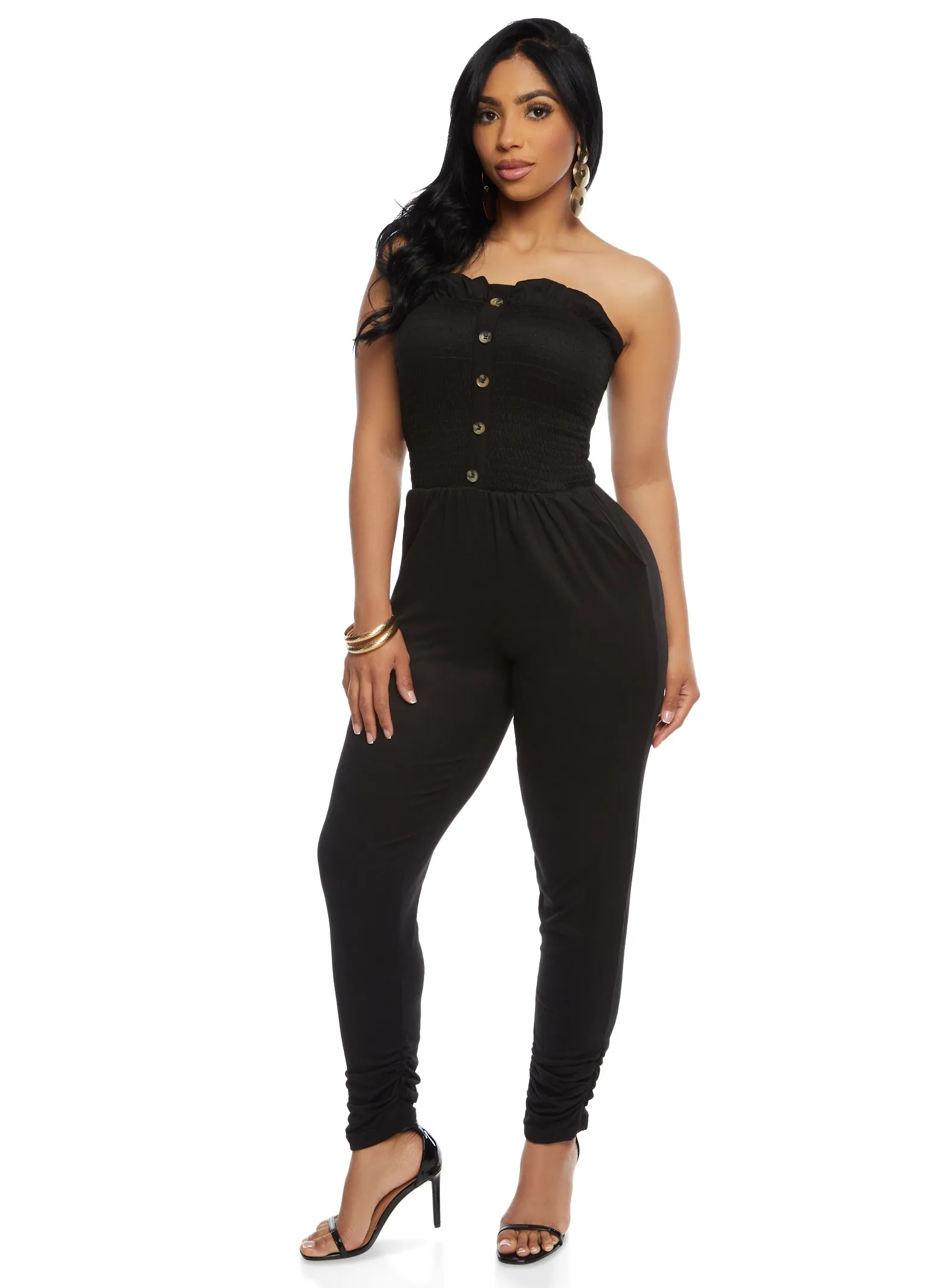 Smocked Faux Button Strapless Tube Jumpsuit sold by Rainbow product image thumbnail 2