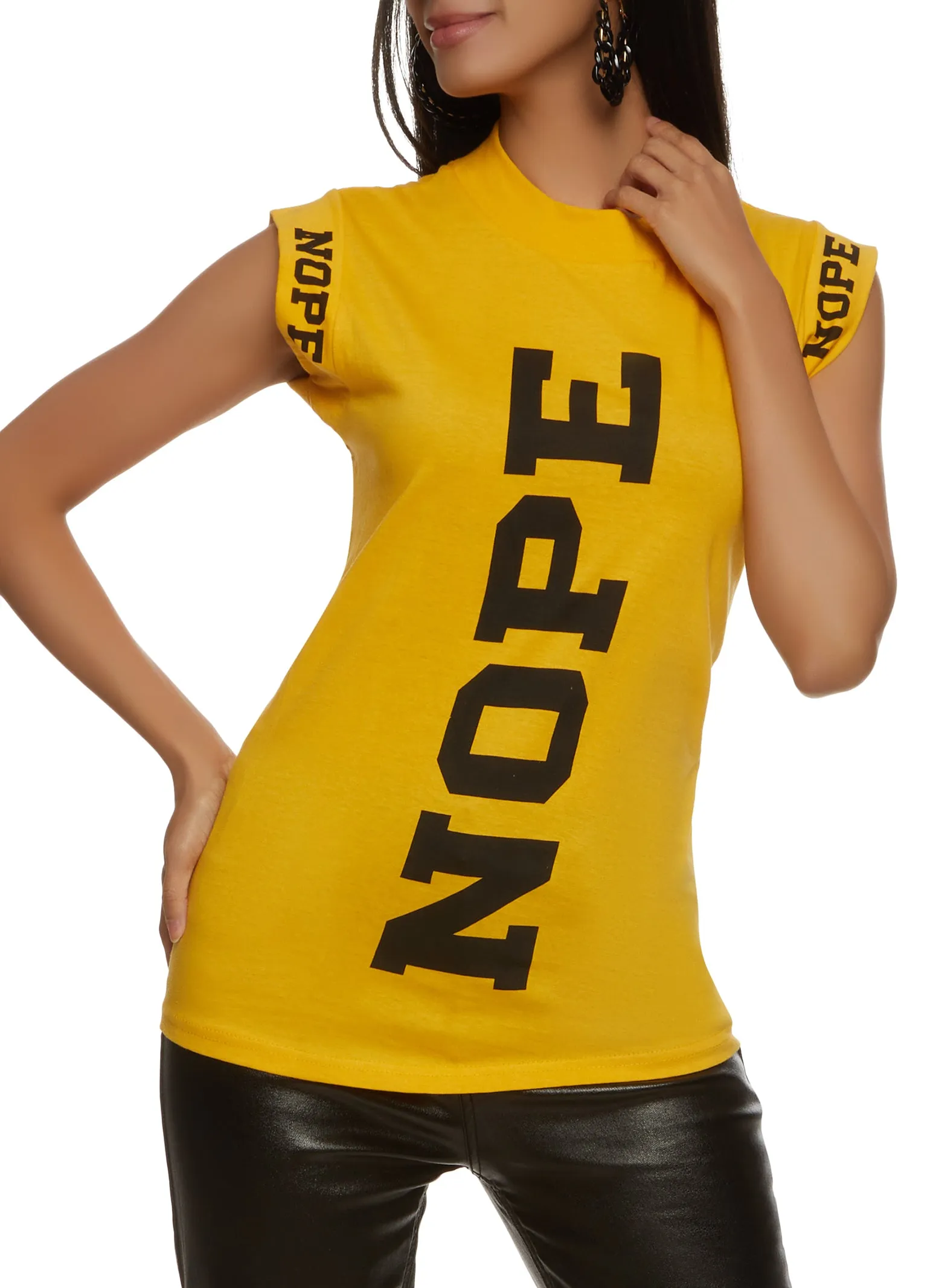 Nope Cap Sleeve Mock Neck Graphic Tee sold by Rainbow