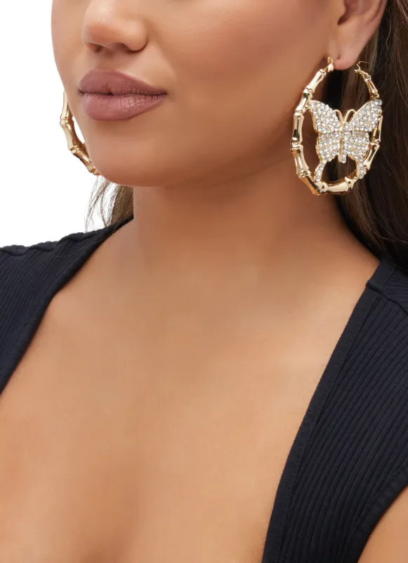 Rhinestone Butterfly Bamboo Hoop Earrings sold by Rainbow