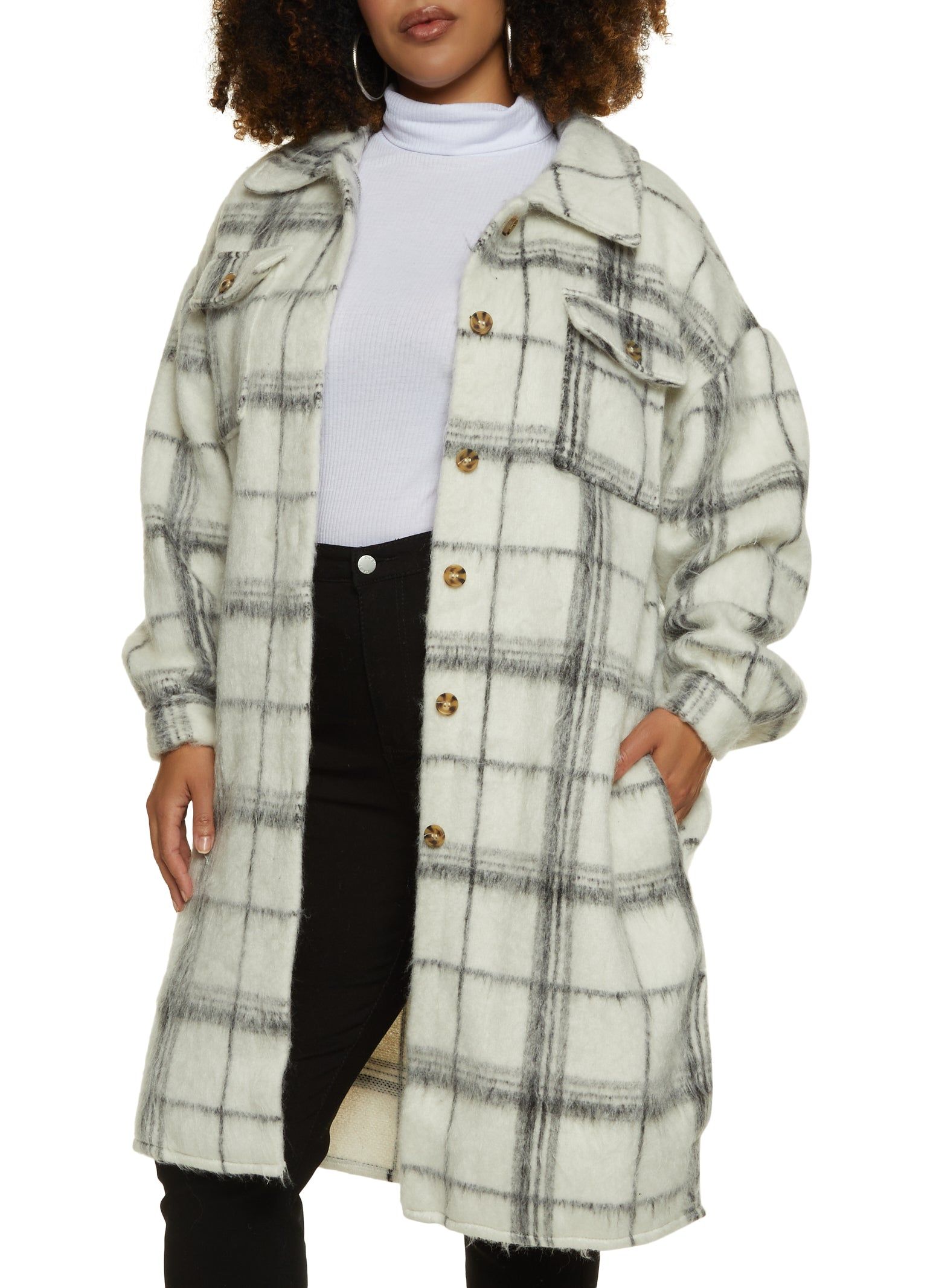 Plus Size Brushed Knit Plaid Print Longline Shacket sold by Rainbow
