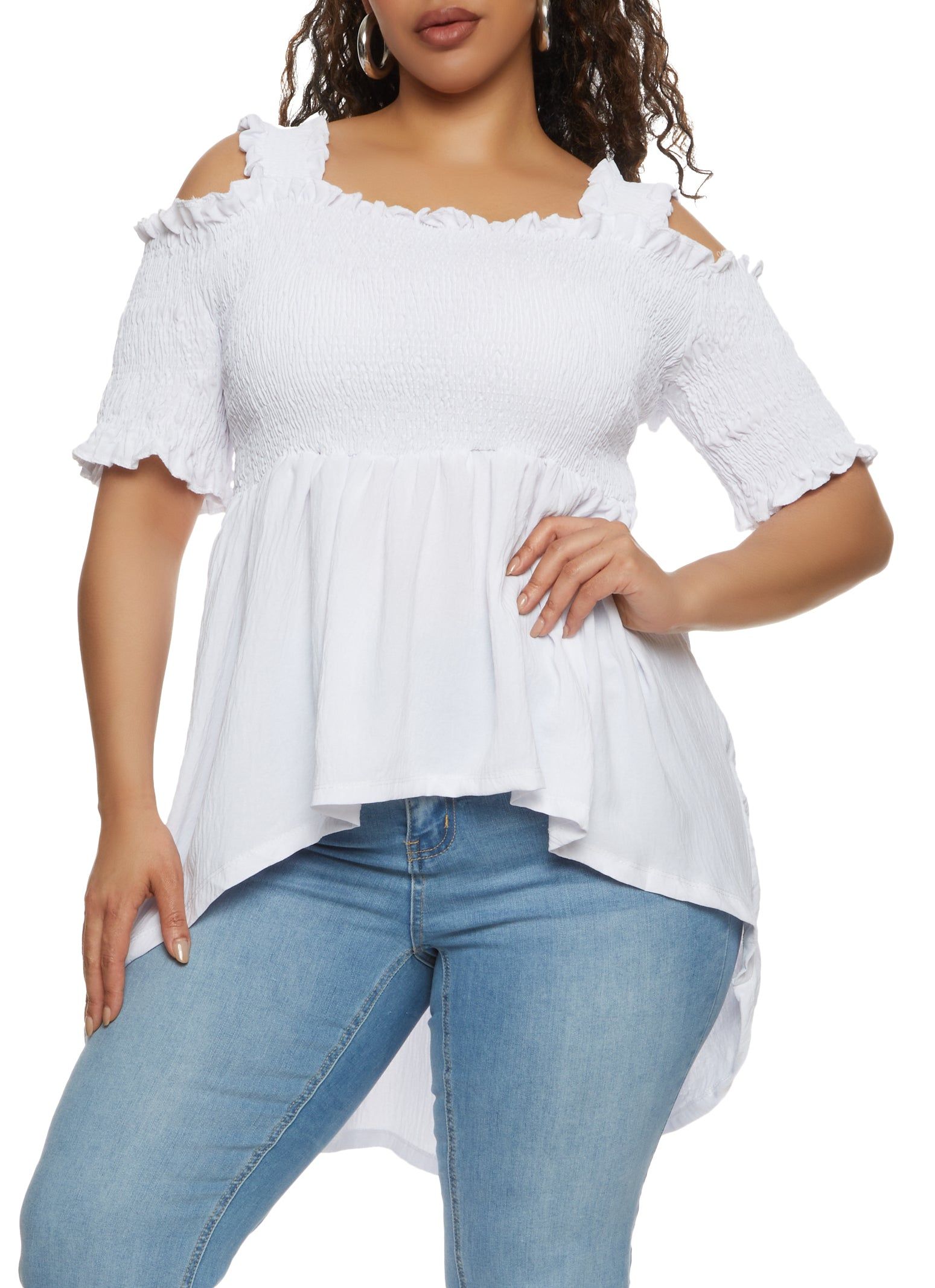 Plus Size Smocked High Low Hem Peplum Top sold by Rainbow