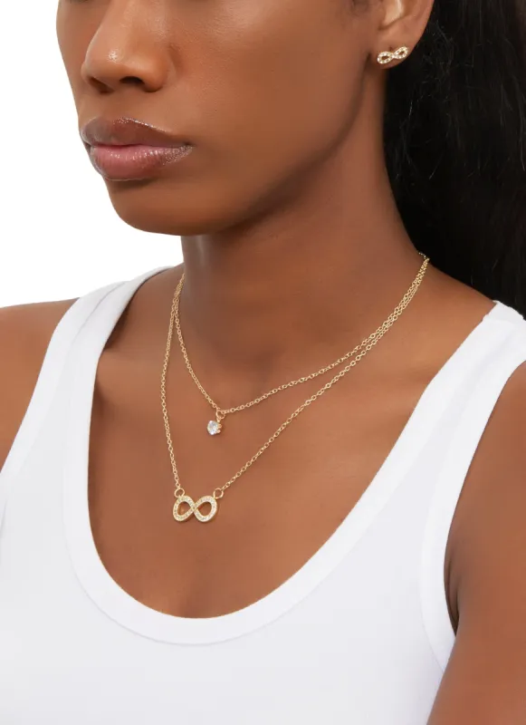 Rhinestone Infinity Layered Necklace and Stud Earrings sold by Rainbow