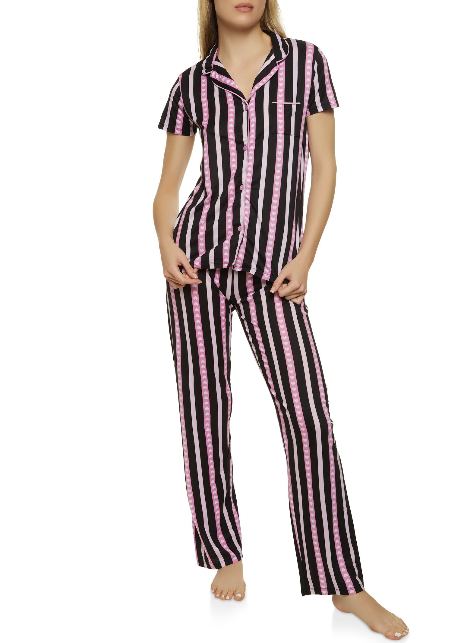 Striped Heart Print Notch Collar Pajama Shirt and Pants sold by Rainbow product image thumbnail 2