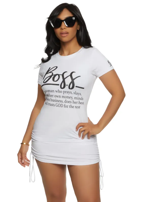 Boss Ruched Glitter Graphic T Shirt Dress sold by Rainbow